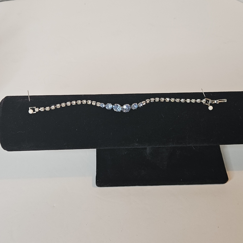 Vintage Bracelet of Encased Sparkling Clear Rhinestones with Baby Blue C…